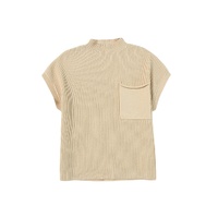 Oatmeal Patch Pocket Ribbed Knit Short Sleeve Sweater - L thumbnail