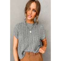 Gray Crew Neck Cable Knit Short Sleeve Sweater - 2XL thumbnail