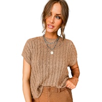 Light French Beige Crew Neck Cable Knit Short Sleeve Sweater - L thumbnail