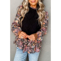 Black Contrast Floral Sleeve Peplum Sweater - S thumbnail