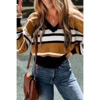 Brown Stripe Contrast Stripes V Neck Textured Knit Sweater - L thumbnail