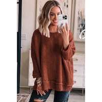 Gold Flame Solid Color Textured Crew Neck Loose Sweater - L thumbnail
