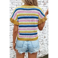 Khaki Trimmed Ruffle Sleeve Colorful Textured Sweater - L thumbnail