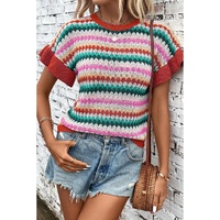 Fiery Red Trimmed Ruffle Sleeve Colorful Textured Sweater - L thumbnail