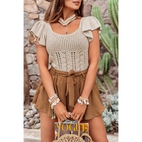 Beige Pointelle Knit Flutter Sleeve Sweater - L thumbnail