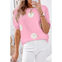 Pink Flower Pattern Short Sleeve Knitted Top - M thumbnail