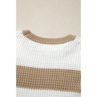 Light French Beige Colorblock Striped Drop Shoulder Side Slit Sweater - L thumbnail