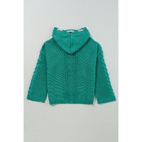 Sea Green Cable Knit V Neck Contrast Drawstring Hooded Sweater - M thumbnail