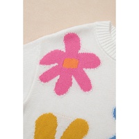 White Colorful Big Flower Pattern Crewneck Sweater - L thumbnail