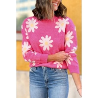 Bright Pink Daisy Flower Crew Neck Long Sleeve Sweater - XL thumbnail