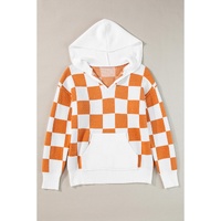 Gold Flame Checkered Split Neck Contrast Kangaroo Pocket Hooded Sweater - L thumbnail