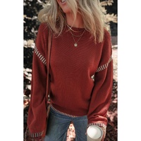 Red Dahlia Color Contrast Trim Drop Shoulder Crew Neck Sweater - S thumbnail