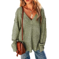 Jungle Green Loose Eyelet V Neck Drop Shoulder Sweater - XL thumbnail