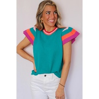 Turquoise Contrast Flutter Sleeves Knitted Sweater T Shirt - M thumbnail
