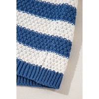 Blue Stripe V Neck Pocketed Drawstring Hooded Sweater - M thumbnail