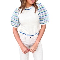 White Crochet Striped Bubble Sleeve Knit Sweater - S thumbnail