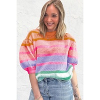 Rose Red Colorful Stripe Bubble Short Sleeve Sweater - M thumbnail