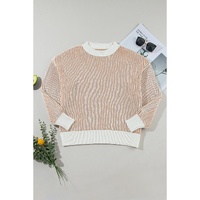 Chestnut Striped Textured Knit Contrast Edge Loose Sweater - L thumbnail