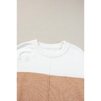 Straw Yellow Colorblock Ribbed Trim Round Neck Sweater - L thumbnail