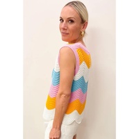 Multicolour Striped Colorblock Scalloped Hem Knitted Vest - M thumbnail