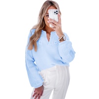 Beau Blue Flower Detail Knitted Notched Neck Sweater - S thumbnail