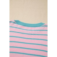 Pink Stripe Trimmed Round Neck Drop Shoulder Loose Sweater - XL thumbnail