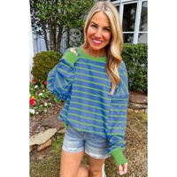 Sky Blue Stripe Trimmed Round Neck Drop Shoulder Loose Sweater - M thumbnail