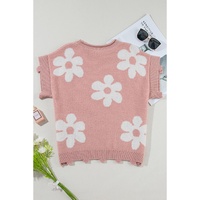 Light Pink Pearled Flower Distressed Edge Sweater T Shirt - L thumbnail