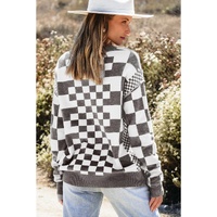 Gray Checkered Print Drop Shoulder Round Neck Sweater - L thumbnail