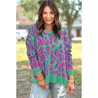 Green Abstract Print Ribbed Trim Baggy Sweater - M thumbnail