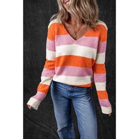 Orange Stripe Colorblock V Neck Casual Sweater - L thumbnail