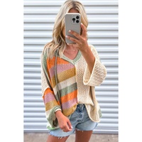 Beige Oversized Colorblock V Neck Hooded Sweater - L thumbnail