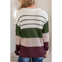 Green Color Block Striped Buttoned Shoulder Split Sweater - XL thumbnail