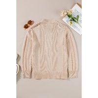 Pale Khaki Solid Color Cable Knit Ribbed Loose Sweater - L thumbnail
