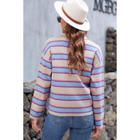 Apricot Stripe Collared V Neck Drop Shoulder Loose Sweater - L thumbnail