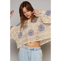 Beige Contrast Flower Print Eyelet Drop Shoulder Sweater - M thumbnail