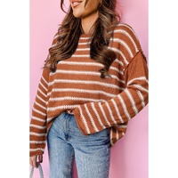 Brown Stripe Drop Shoulder Casual Sweater - L thumbnail