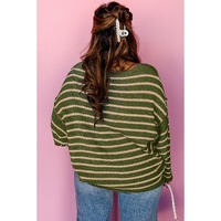 Green Stripe Drop Shoulder Casual Sweater - L thumbnail