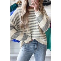 Gray Stripe Drop Shoulder Crew Neck Sweater - L thumbnail