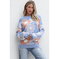 Beau Blue Floral O Neck Drop Shoulder Knitted Sweater - XL thumbnail