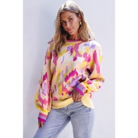 Khaki Abstract Print Colorblock Balloon Sleeve Sweater - L thumbnail