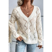 Beige Hollow Out Knit V Neck Drop Shoulder Sweater - S thumbnail