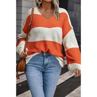 Orange Stripe Loose Color Block Drop Shoulder Bubble Sleeve Sweater - L thumbnail