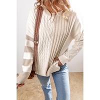 Khaki Cable Knit Colorblock Crew Neck Drop Shoulder Sweater - L thumbnail