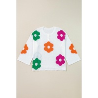 White Floral Print Buttoned Loose Lightweight Sweater - S thumbnail