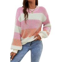 Pink Colorblock Textured Knit Bubble Sleeve Sweater - L thumbnail