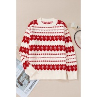 White Western Geometric Patterned Crew Neck Loose Sweater - L thumbnail