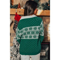 Green Christmas Snowflake Dotted Print Round Neck Sweater - M thumbnail