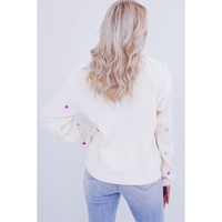 Beige Sequin Heart Shape Waffle Knit Round Neck Sweater - L thumbnail