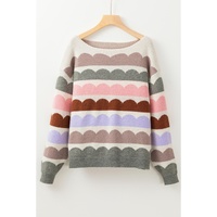 Gray Wave Striped Balloon Sleeve Drop Shoulder Sweater - L thumbnail